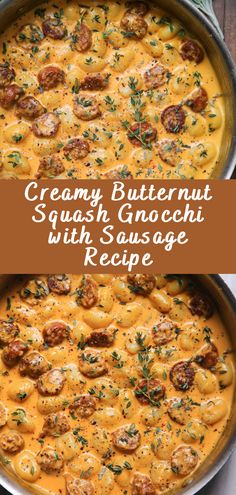 creamy butternut squash gnocchini with sausage recipe in a skillet on a wooden table