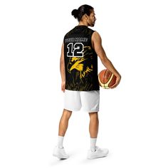 Looking for a basketball jersey that will take your game to the next level? Look no further! Made with recycled polyester fabric, this high-tech jersey is designed to keep you cool and dry even in the heat of competition. Style it as a streetwear piece and turn heads both on and off the court. • 100% recycled polyester fabric • Fabric weight: 4.7 oz/yd² (160 g/m²) • Two-way stretch fabric • Moisture-wicking material • Regular fit • UPF50+ protection • Side panels that can be designed • Fabric is Breathable Jersey Basketball Sublimation Design, Sporty Sleeveless Sublimation Design Top, Breathable Collegiate Basketball Jersey, Black Breathable Basketball Jersey, Collegiate Breathable Sleeveless Jersey, Collegiate Sleeveless Breathable Jersey, Black Sleeveless Basketball Jersey, Breathable Sleeveless Collegiate Jersey, Black Breathable Sleeveless Jersey