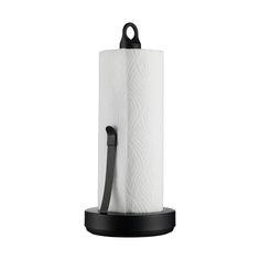 a black and white paper towel holder on a white background with a black hook in the middle