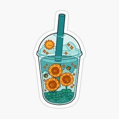 a glass with sunflowers in it and a straw sticking out of the top