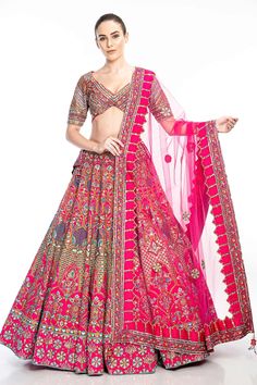 Pink lehenga with all-over embroidered motifs. Comes with blouse and dupatta.
Components:3
Pattern:Embroidery
Type of Work:Bugle Beads, Thread, Mirror and Thread
Neckline:V neck
Sleeve Length:Half
Fabric:Lehenga: Modal Satin, Blouse: Opada Silk and Dupatta: Butterfly Net
Color:Pink
Other Details:
Dupatta with embroidered border and tassels at the ends
Tie up at the back
Closure: Side zip
Occasion:Bride - Aza Fashions Jacket Lehenga, Pink Lehenga, Beaded Belt, Bugle Beads, Silk Embroidery, Embroidered Jacket, Bridal Lehenga, Bridal Sets, Mulberry Silk