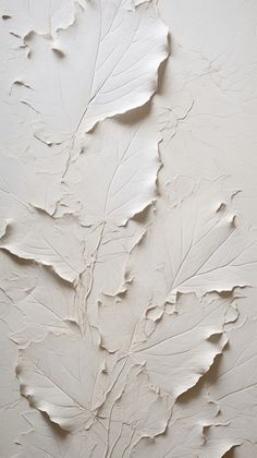 a white wall with peeling paint on it's surface and leaves painted on the wall