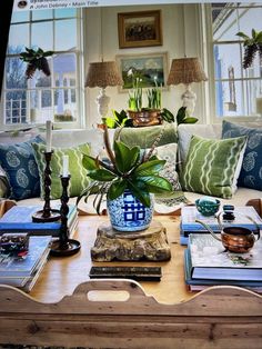 a living room filled with furniture and lots of plants on top of a coffee table