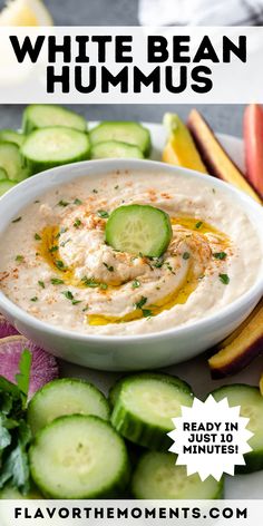 white bean hummus with cucumbers on the side