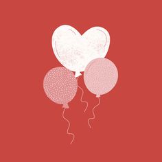 three balloons floating in the air on a red background with polka doted hearts above them