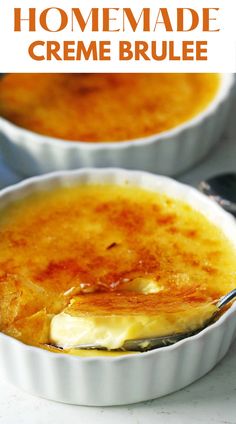 two bowls of homemade creme brulee on a white surface with text overlay