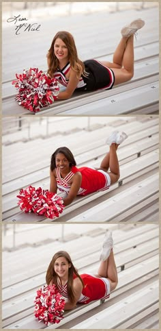 the cheerleader is laying down on the bleachers and posing for pictures with her pom poms