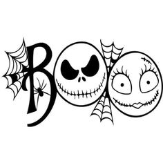 the word boo with two faces and spider webs on it's side, in black and white