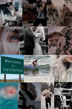 a collage of black and white photos with people in the background, including a sign that says welcome to california