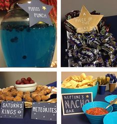 four pictures show different types of food and drinks on display at a party or event