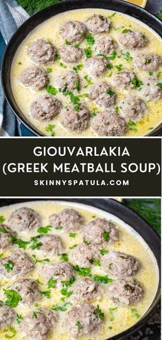 two pictures showing different types of meatballs in a skillet with cheese and parsley