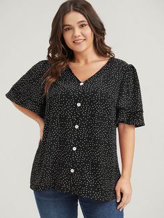 Shop Polka Dot Ruffle Sleeve Button Front Blouse now and redefine your style with confidence at BloomChic. Tailored for mid and plus-size women. This trendy Tops Women, sizes 10-30. Season:Fall;Color:Black;Neckline:V-neck;Sleeve Type:Ruffle Sleeve;Details:Ruffles, Button;Pocket:No-pocket;Snap Fastener:No-snap fastener Cheap Swiss Dot Tops For Women, Cheap Casual Swiss Dot Blouse, Cheap Polka Dot Blouse With Button Closure, Affordable Polka Dot Short Sleeve Tops, Blouse Necklines, Womens Trendy Tops, Plus Size Clothing For Women, Polka Dot Print, Womens Clothing Sizes