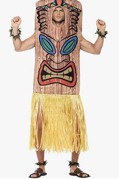 a man in a tiki costume standing with his hands up