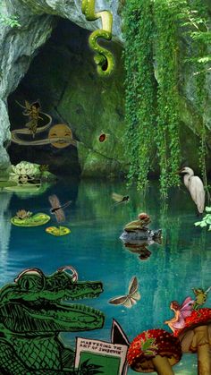 an image of a painting with animals and plants in the water, including alligators