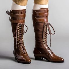 We must admit the Edwardians had serious style when it came to sporting attire. Our Cambridge Edwardian Bicycle Boots echo this past panache with glorious leather paired with flexible cotton twill canvas, quick-lacing, and double straps at the top. We've based the Cambridges on several pairs of original bicycle boots f American Duchess, Smaller Calves, Victorian Boots, Sports Attire, Calf Muscles, Brown Brown, Boots Brown, Leather Collar, Rubber Heels