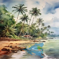 a painting of palm trees on the beach