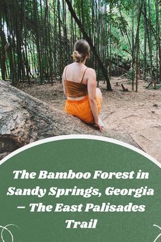 a woman sitting on top of a rock in the forest next to a sign that says the bamboo forest in sandy springs, georgia - the east pallasadess trail