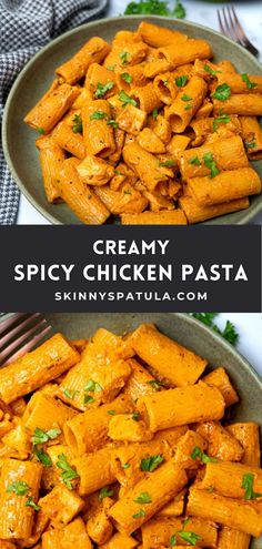 creamy spicy chicken pasta on a plate with a fork