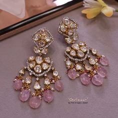 Gulizaar Moissanite Polki Earings Jewellery For Wedding, Moissanite Jewellery, Morning Outfit, Indian Wedding Jewelry Sets, Bridal Jewelery, Polki Earrings, Gold Jewelry Simple Necklace, Antique Jewellery Designs, Colour Stone