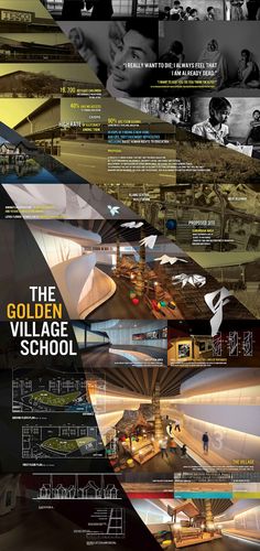 the golden village school poster is shown in black and white, with many different images