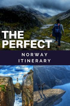 the perfect norway itinerary book cover with two people walking up and down rocks