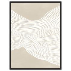 an abstract beige and white painting with wavy lines on the bottom, in a black frame