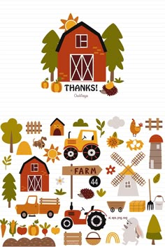 farm clipart set on lined paper with farm animals, tractor, barn and windmill