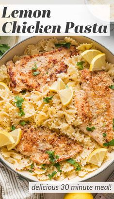 lemon chicken pasta in a skillet with text overlay