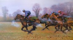 three jockeys are racing their horses through the grass in front of trees and fog