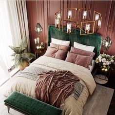 a bed with green headboard and pillows in a bedroom