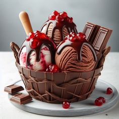 three scoops of ice cream in a basket with chocolate and cherries on top