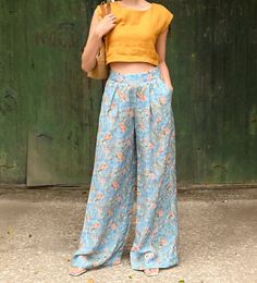 Floral wide leg linen pants for women, comfy, lovely - summer essential! STYLE DETAILS - Wide leg, leg opening width of 12.9''/33 cm - High waisted - Pleated, no elastic band - Clouser with zipper on the side - Seamed side pockets - Pants inseam 30''/77 cm and pants outseam 41''/106 cm - size S - for our lovely Jenny model 5ft5/169cm tall. - Extremely comfortable and stylish - Custom pants, we offer free customizations; simply let us know your unique needs (different hem length, fit style, leg o Summer Wide Leg Flax Colored Pants, Bohemian Linen Wide Leg Pants For Summer, Summer Linen Harem Pants, Summer Linen Harem Pants Straight Cut, Summer Wide Leg Linen Pants, Summer Linen Wide-leg Pants, Bohemian Linen Pants For Summer, Loosely Fitted Flax Wide Leg Pants For Summer, Summer Flax Wide Leg Pants