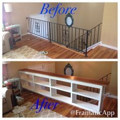 before and after photos of a white entertainment center in a living room with hardwood floors