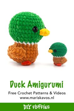 a crocheted duck and its baby sitting next to each other with the text duck amigurmi free crochet patterns & videos