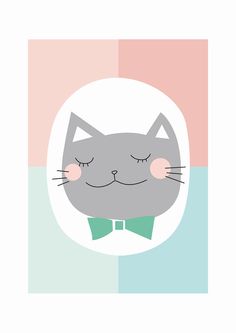 a gray cat with a green bow tie on it's head and eyes closed