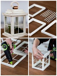 four pictures showing how to make a lantern with popsicle sticks, glue and wood