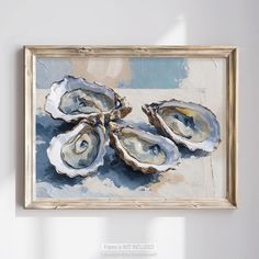 an oil painting of three oysters on a white background in a gold framed frame