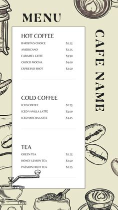 a menu with coffee items on it