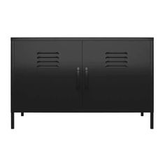 a black cabinet with two doors on it