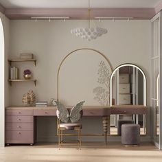 a room with a desk, mirror and chair in the center is decorated in pastel tones