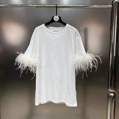 Lasaky - Short-Sleeved Top with Ostrich Feather Decoration and Loose Straight Cut Feather Decor, 2024 Spring Summer, Ostrich Feather, Sleeve Cuff, Ostrich Feathers, T Shirt Women, American Women, Cotton Sweater, Straight Cut