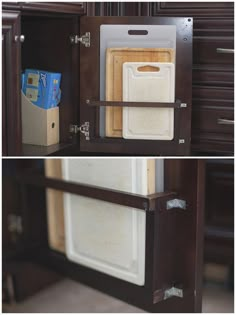 there are two pictures of the inside of a cabinet