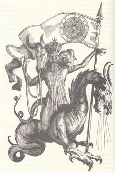 a black and white drawing of a person on a horse holding a flag