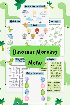 the dinosaur morning menu is shown in green and has pictures of different animals, plants, and