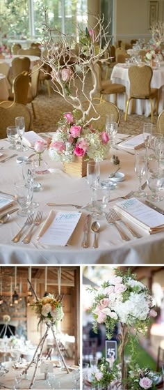 the tables are decorated with pink and white flowers in vases, silverware, and wine glasses