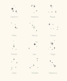 zodiac signs and their names are shown in this graphic above them is an image of the stars that appear on the sky