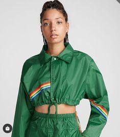 pride jacket rainbow windbreaker crop jacket with drawstring bottom for fit and comfort to wear how you like it snug or loose matching snap up front. easy relax fit (pick up and go jacket) 100 % nylon rain proof and easy to wipe clean and wash completely all lined inside with wicker polyester for non stick to your body comes in all colors if you don't see a color just ask each piece is made custom ( celebrity stylist) the jacket with rainbow stripes down sleeve or it comes with chaotic stripe (p Pride Jacket, Rainbow Jacket, Mens Face Mask, Cropped Black Jacket, Green Windbreaker, Rainbow Skirt, Celebrity Stylist, Green Rainbow, Black Suspenders