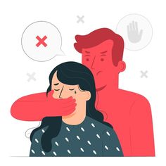 a woman covering her mouth next to a man with two speech bubbles above her head