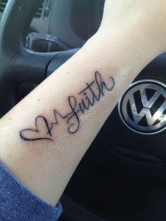 a wrist tattoo with the word faith written in cursive writing on it's arm