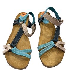 Brand New, Multicolored Sandals That Offer Arch And Instep Support, Colored Of Light Tan, Aqua And Navy. Casual Blue Sport Sandals With Ankle Strap, Casual Blue Ankle Strap Sport Sandals, Multicolor Sandals For Outdoor, Blue Leather Sandals For Outdoor, Casual Multicolor Sandals With Buckle Closure, Blue Leather Footbed Sandals For Beach, Light Tan, Women's Shoes Sandals, Shoes Sandals